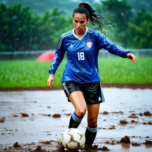 Prompt: photo of young woman, soaking wet clothes, soccer player, soaked muddy dirty jersey, on the rain in the field, dribbling, with ball,  , ,   enjoying, water dripping from clothes, clothes stuck to body,  detailed textures of the wet fabric, wet face, wet plastered hair,  wet, drenched, professional, high-quality details, full body view.