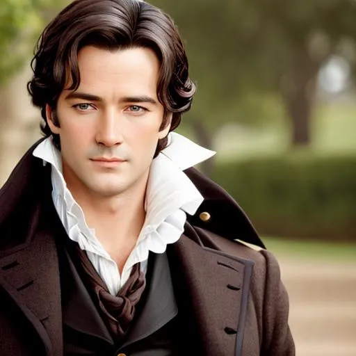 Prompt: Mr. Darcy, a handsome man with dark hair aged 30 years, stylish 18th century clothing, facial closeup