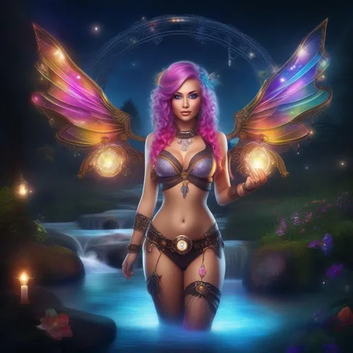 Prompt: Wide angle. Whole body showing. Photo real. Detailed Illustration. Beautiful, buxom woman with broad hips and incredible bright eyes, and colorful hair, standing next to a stream on a breathtaking, colorful starry night. Wearing a colorful, translucent, sparkling, dangling, skimpy, sheer, flowing, steam punk, Witch style, fairy outfit with distinct wings. With winged fae flying about.