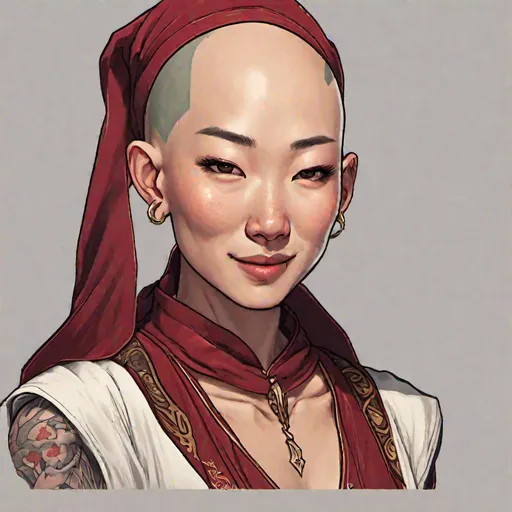 Prompt: Portrait of cute, bald, young Asian female wizard. Winking at camera. Tattooed scalp, dark red robes. Mid-body shot, highly detailed, character illustration, 8k.