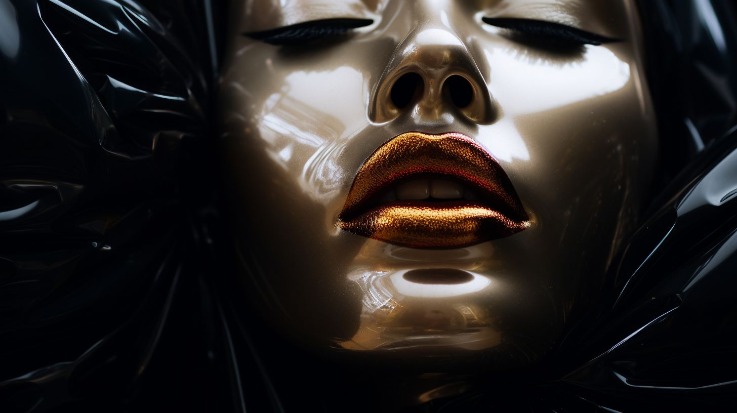 Prompt: A raw photo of a shiny, glossy vanta black balloon shaped like a girl's face with gold lips, captured in natural lighting with realistic textures and details.