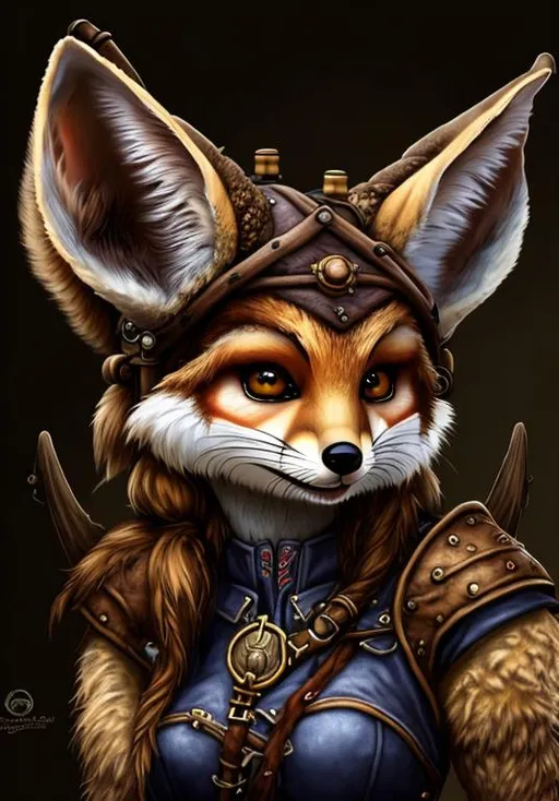 Prompt: Portrait of a female Vulpera, fennec fox, brown fur, World of Warcraft, pirate hat, steampunk, 8k, high definition, hyperrealist, fantasy.