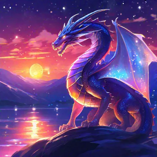 Prompt: An elegant translucent dragon that is glowing, beneath the stars, sunset, highres, best quality, concept art