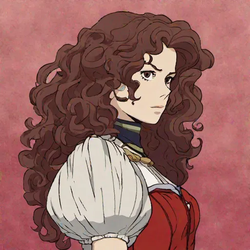 Prompt: Nyssa from Doctor Who with curly brown hair, in a red velvet dress, by Hayao Miyazaki, in a bisexual colour scheme.