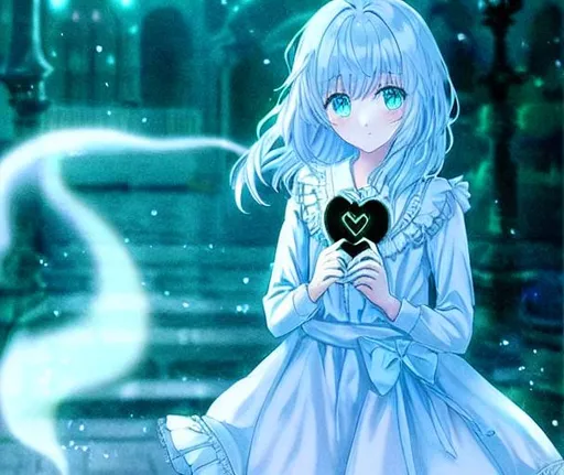 Prompt: {ghost girl holding a heart}, {romantic background}, depressing lighting, detailed, HD