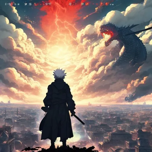 Prompt: man's final hour, anime movie poster about an old man traveling across a ruined city after a void dragon destroyed the world 