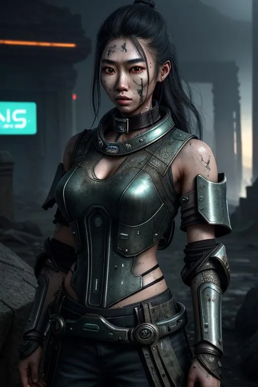 Prompt: Realistic random style ancient dystopian landscape, heavy mist, sunrise, 

physically attractive super detailed battle damaged, burn damaged, grimy android, exquisitely exotic, slender, ultra realistic, young adult Asian woman, connected to a charging station,

wearing a heavy titanium collar, radiant hair, exposed polished obsidian colored exoskeleton, random hair style,

perfect contouring, hyper detailed, intricate detail, finite detail, natural lighting and shadows, fantastical, fantasy concept art, 64k resolution, deviantart masterpiece. UHD, Perfect 3D Render.