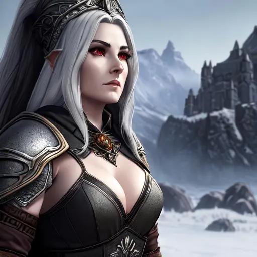 Prompt: The Elder Scrolls: An Dunmer Women, ashen grey skin, red eyes, white hair, a raven on her shoulder standing on a rocky outcroup against the background of a majestic dwarven hall,, drawn in the stylem of the elder scrolls concept art, accentuated with thick outlines and shading, bold, dynamic, 8k, intricate details, close up headshot, dim lighting