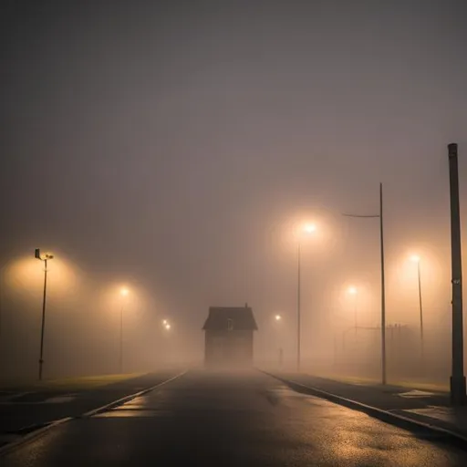 Prompt: A empty neighborhood with fog and one house with a light on