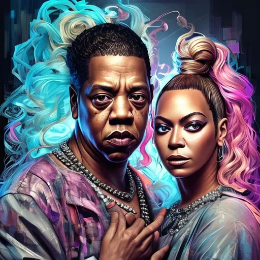 Prompt: "hyperdetailed portrait of 
Jay Z and Beyonce as a delirium of the endless, colourful make up, the sandman, made by caravaggio stanley artgerm lau wlop rossdraws artstation cgsociety concept art cgsociety octane render"