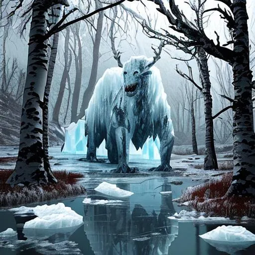 Prompt: Demonic force, ice, rain, iceberg, icy tundra, bleeding, blood, animalistic, demonic, draconic, forest, trees, birch