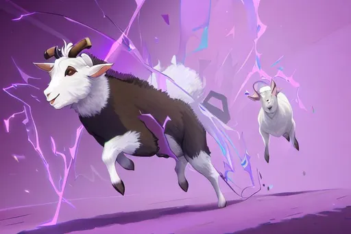 Prompt: picking up a goat and running with it, purple background