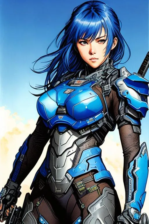 Prompt: (((Yoji Shinkawa))), sticker of an ultra-detailed portrait of adrianne palicki wearing (blue lace mech armor), high-quality cell-shaded illustration in post-apocalyptic style by Yoji Shinkawa, ((full body)), blue hair, dynamic pose, magic sword, perfect anatomy, freedom, soul, approach to perfection, cell shading, 4k, cinematic, dramatic atmosphere, watercolor painting, global illumination, detailed and intricate environment, wartorn background, concept art, fluid and sharp focus, volumetric lighting, cinematic lighting, Art by Yoji Shinkawa,