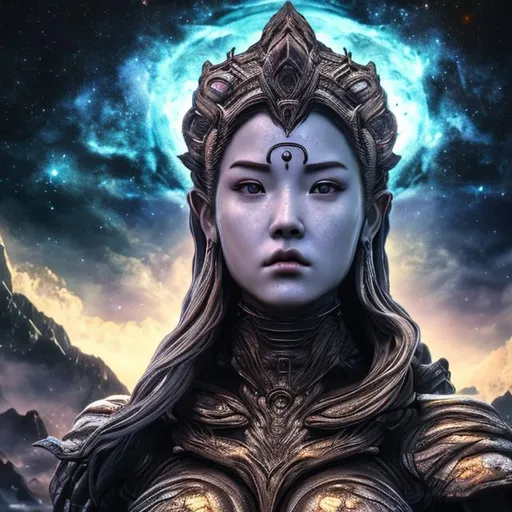 Prompt: (extremely detailed) (hyper realistic) (sharp detailed) (cinematic shot) (masterpiece)female god from above, centered, moonlight, extraordinary shot, night sky, mountains, river, stars, nebula ,clouds, stunning beauty, 3D illustration, high resolution, reflactions.