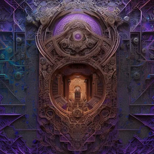 Prompt: a purple & bronze fractal hypnotic & psychedelic symmetrical made of intricate details geometrical ancient art , dark detailed futuristic babylonian inspired structures columns & altars , similar details like Ishtar gate , 8k resolution , like futuristic , similar artwork like Alex Grey , similar artwork like Android Jones , similar artwork like Ben Ridgway  , highest quality in size format of 1080 pixels x 1080 pixels , sacred dimensions , sacred geometry , Islamic geometry , in symmetry , in detail , ratio 1:1 size , smooth details & finish , transhumanist patterns , symmetrical and centred.  
