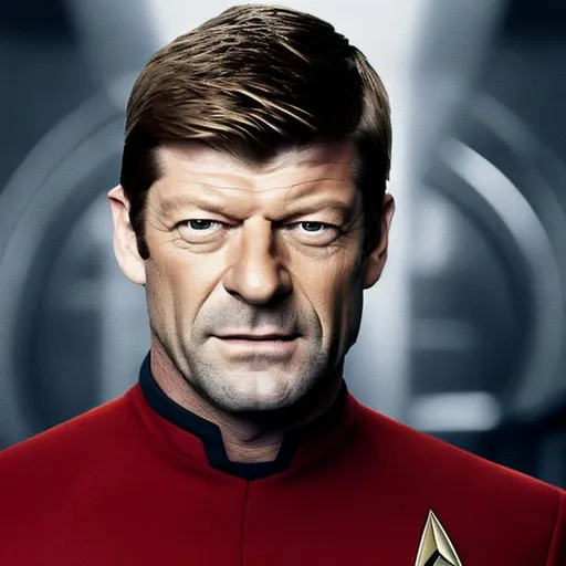 Prompt: A portrait of Sean Bean, wearing a Starfleet uniform, in the style of "Star Trek the Next Generation."