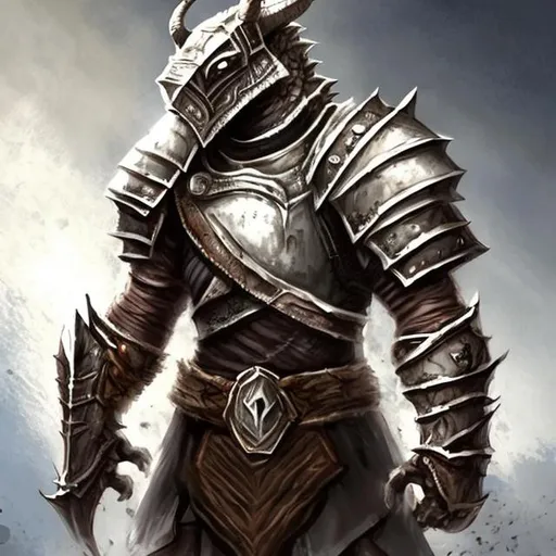 Prompt: Dragonborn blanco con cola y armadura ligera sin casco