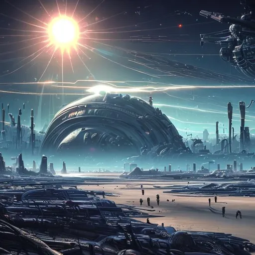 Prompt: view from a beach of a massive dying cybernetic planet 