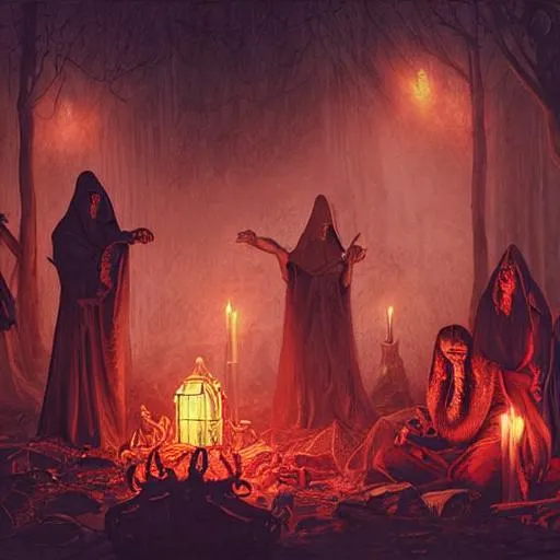 Grim Painting Of Evil Occult Ritual With Hooded Cult Openart