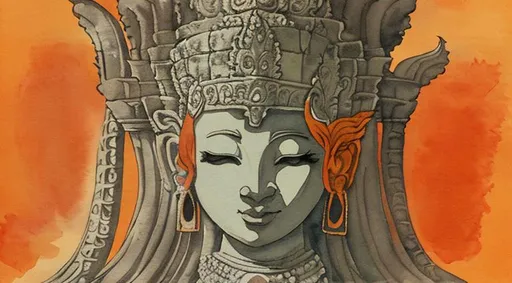 Prompt: Angkor wat Cambodia apsara orange anime watercolor