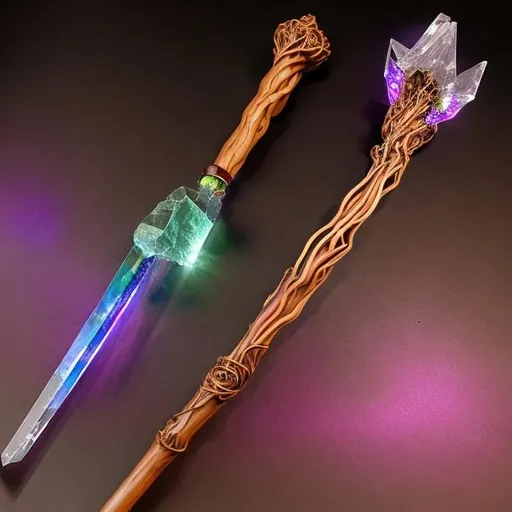 Prompt: scepter made of twisting vines and mahogany wood with a crystal set in the top with rainbow light emanating from it, slightly cracked