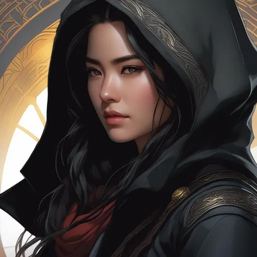 Prompt: a close up of a woman with a black jacket and a black hoodie, mortal engines, miko, full art, asian human, her gaze is downcast, a character based on a haggis, similar to legolas, maya, ability image, medusa, rock climber, comic book:.2, close up image, featured art, valorant character