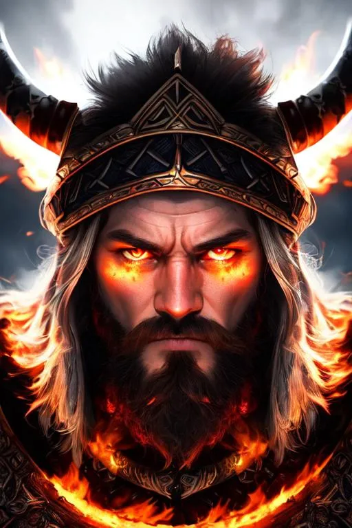 Prompt: Hyper-realistic, front-view close-up portrait of a furious Viking bursting into flames, smoke, embers, (symmetrical composition)+, (eye contact)+, epic, celestial, moody, cinematic lighting, lens flare, highly detailed, sharp focus, octane render, HDRI, intense, dramatic, warm colors, fiery effect, professional, 35mm, 8k, IMAX, (mouth closed)+, viking helmet on his head, dark studio, low key, high contrast, dark background, flawless detail, award-winning, expertly crafted, detailed pupils, unreal engine