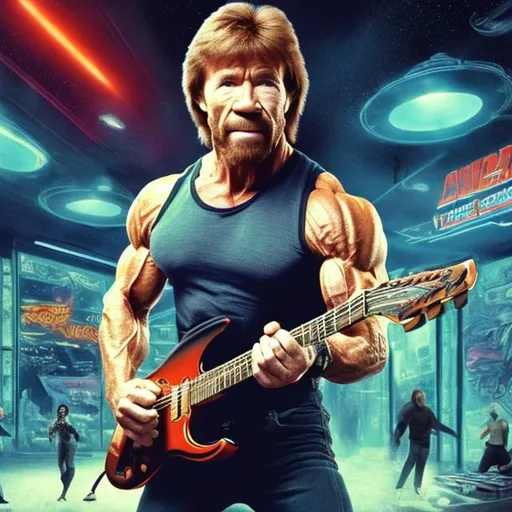 Prompt: Bodybuilding Chuck Norris playing guitar for tips in a busy alien mall, widescreen, infinity vanishing point, galaxy background