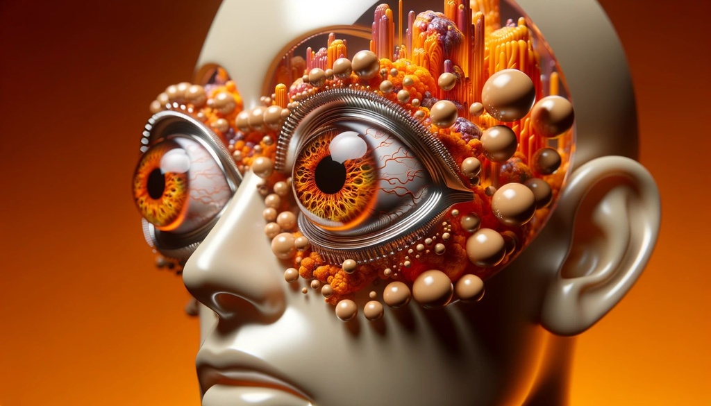 Prompt: the head of a woman with eyeballs in her eyes, in the style of surreal 3d landscapes, orange and amber, daz3d, ultrafine detail, shiny/glossy, detailed character design, scientific illustrations in wide ratio