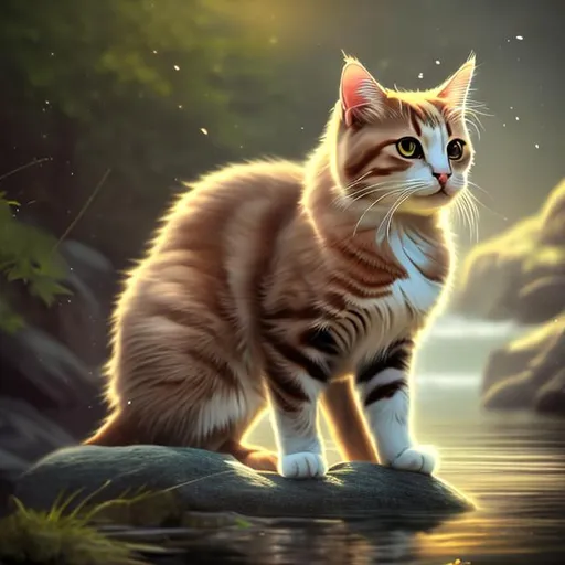 Prompt: cat setting by a river dramatic lighting portrait digital adorable special fanciful facing back hyper realistic