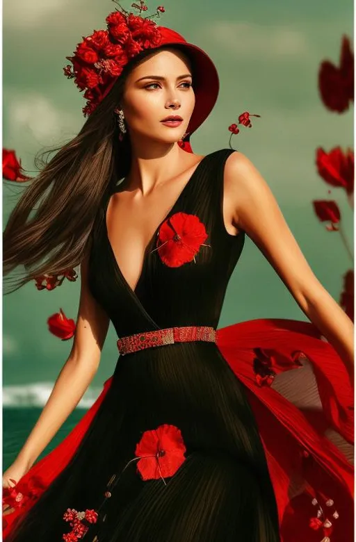 Prompt: elegant lady in a red long dress in the whole body on the seaside. she is wearing a hat with fancy flowers. illustration for fashion magazine. Beautiful visible face, hyper detail clear focus by Demiurge Ash, Irina French, Dang My Linh, pino daeni 