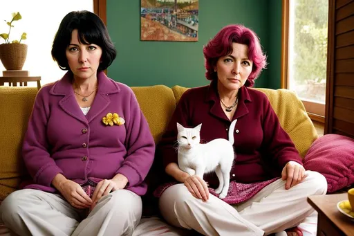 Prompt: Rancho Relaxo 2010 two middle aged radical women in love with their cats 