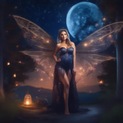 Prompt: Hyper realistic, Gorgeouse full body image of buxom woman in a skimpy, fairy style, witch's outfit at night with fairies flying around on a breathtaking night with a stunning night sky