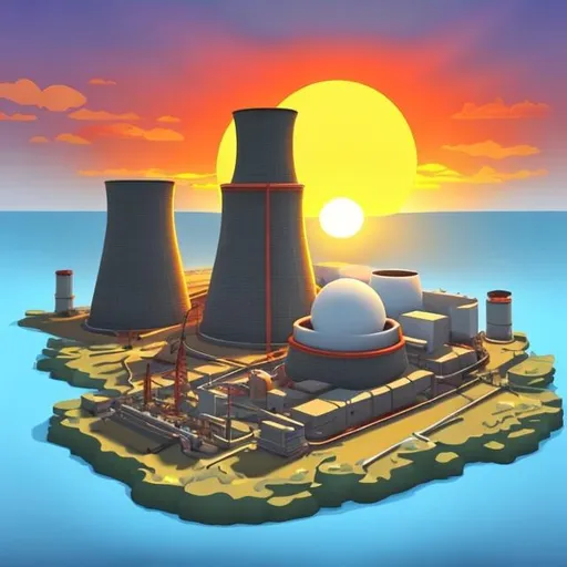 Prompt: Make a cartoon-styled nuclear power station with a beautiful sunset in the environment