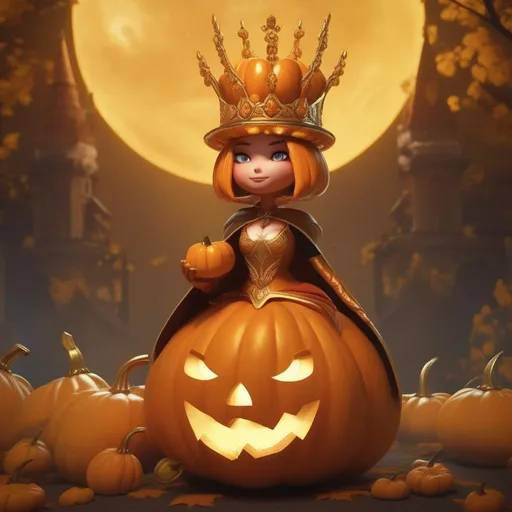 Prompt: long live the pumpkin queen, large pumpkin character, menacing appearance, crown of gold, cinematic, telescope