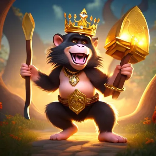 Prompt: full body, (an anthropomorphic monkey woman wearing a crown on her head), angry face, tusks, holding an ax, a treasure chest full of coins and gems,