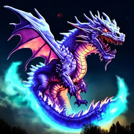 ghost dragon breathing purple fire with glowing eyes flying in the night sky