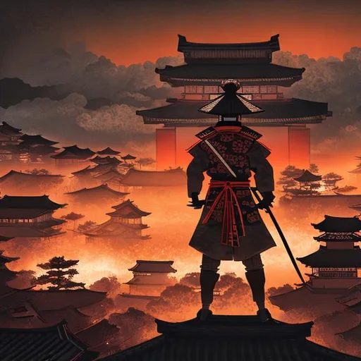 Prompt: a man in full samurai outfit standing on a hill overlooking an old Japanese town on fire, night, orange and black tint, realism style