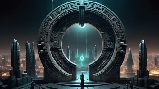 Prompt: magical portal between cities realms worlds kingdoms, circular portal, ring standing on edge, upright ring, freestanding ring, hieroglyphs on ring, complete ring, ancient aztec architecture, atlantis city plaza setting, panoramic view, dark night, futuristic cyberpunk tech-noir setting