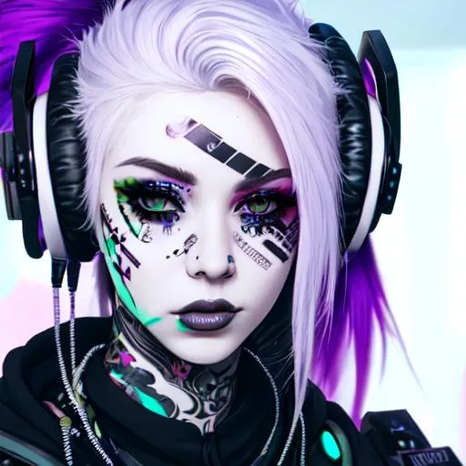 Prompt: Beautiful girl with blur hair, face tattoos, white eyeliner, headphones, cyberpunk aesthetic