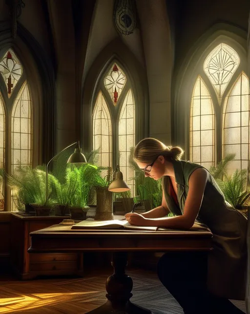 Prompt: Soft daylight streams in through tall arched windows, illuminating a biologist as she examines plant specimens under a microscope, taking notes in a leather journal. Old school academia. In the style of Irving Penn. ultra detailed, highly detailed scenario, photorealistic, intricate, masterpiece, UHD, HDR, symmetric, coherent, epic detail, stunning, beautiful, ,lumen render ,lumen path tracing ,path tracing light ,path tracing shadow ,path tracing special fx, 