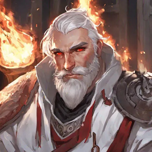Prompt: Young, male, dwarf, red eyes, short beard, white hair, smith, cleric, confident, soft smile, kind, side shave, hammer, red glowing eyes, short hair, forge domain cleric, forge, blacksmith, face close up