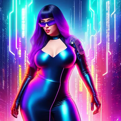 Prompt: cyberpunk, an augmented female {bbw}, sorceress. wearing a dress and sunglasses, a hologram, leather body suit, pixel sort, triadic colors, checkered pattern. rpg art. 2d. 2d art.