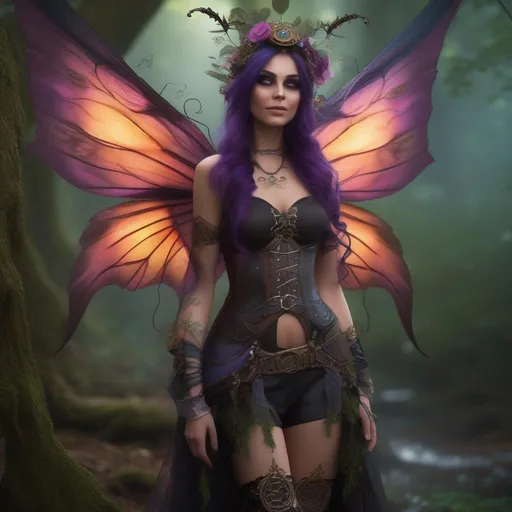 Prompt: ((Epic)). ((Cinematic)). Shes a colorful, Steam Punk, goth, witch.  ((distinct)) Winged fairy, with a skimpy, ((colorful)), gossamer, flowing outfit, standing in a forest by a village. ((Wide angle)),  Detailed Illustration. 4k, 8k.  Full body in shot. Hyper realistic painting. Photo real. A ((beautiful)), very shapely woman with ((anatomically real hands)), and ((vivid)) colorful, ((bright)) eyes. A ((distinct))  Halloween night. Concept style art. 