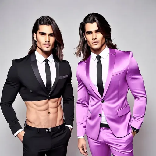 Prompt: two attractive long-haired man with abs, one is wearing a crop top black suit and tie with a bare navel, while the other is wearing a pink suit and tie 