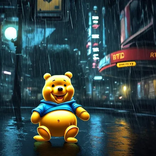 Prompt: Pooh pooh in futuristic city technology hd dark lighting raining