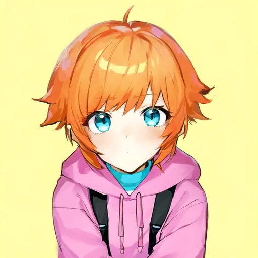 Prompt: Portrait of a cute girl with short, orange hair and cyan eyes wearing a pink hoodie and pink bows