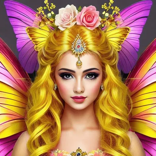 Prompt:  fairy goddess, yellow and pink color scheme, closeup