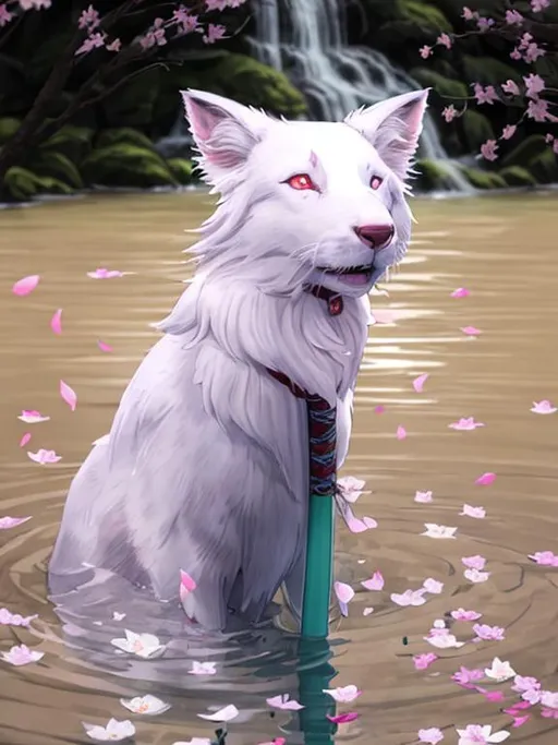Prompt: USE DEMON SLAYER ART STYLE
REFINED LINES

White Border Collie with red Eyes, wearing detailed Green Kimono, Vapor effects in the water , One Dartk Katana Burried in the Water, with Red Effect

Beauty Light Blue ,Water Fall Background , Dark Forest aswell

PINK BLOSSOMS AND ALOT OF PETALS FALLING IN THE BACKGROUND
MAKE THE ART EQUAL AS THE IMAGE
VERY DETAILED
BEAUTY
HIGH RESOLUTION
1080P
FINE-TUNED
SHADDERS
Clean
