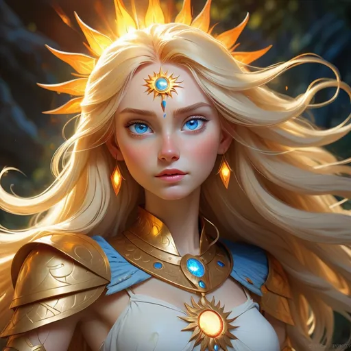 Prompt: Fantasy art of the girl of the sun, long golden hair, blue eyes, white skin, magical collar, legendary spear of the sun, vibrant and radiant, high-quality, digital painting, magical atmosphere, mythical, detailed hair, enchanting gaze, radiant lighting, sunlit fantasy, ethereal, mythical, sun-themed, majestic design, glowing effects